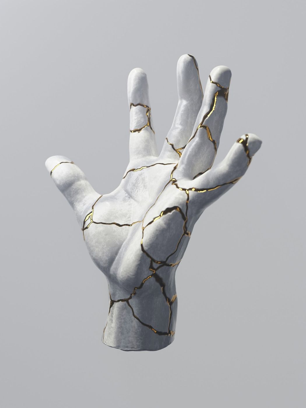 Sculptură de mână albă, reparată cu linii aurii în stil kintsugi